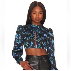 MAJORELLE Black and Blue Fitted Crop Blouse with Mandarin Collar from REVOLVE
